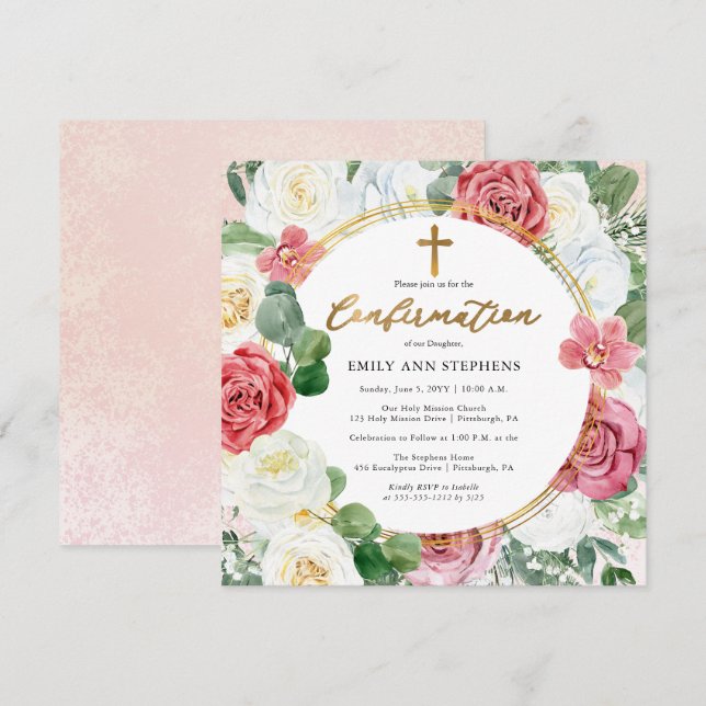 Elegant Pink | Gold Floral Frame Girl Confirmation Invitation (Front/Back)