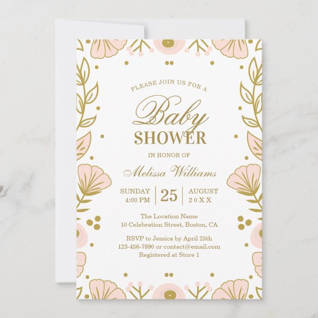 Elegant Pink Gold Floral Girl Baby Shower Invitation (Front)