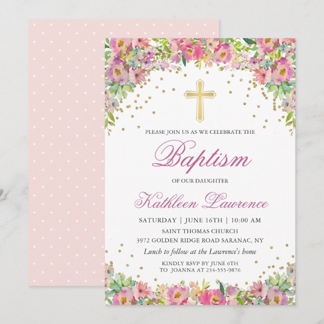 Elegant Pink Gold Floral Girl Baptism Invitation (Front/Back)