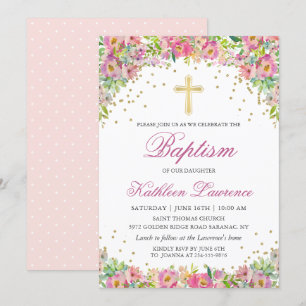 Elegant Pink Gold Floral Girl Baptism Invitation