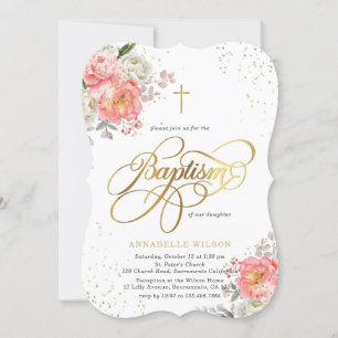 Elegant Pink & Gold Floral Girl Baptism Invitation