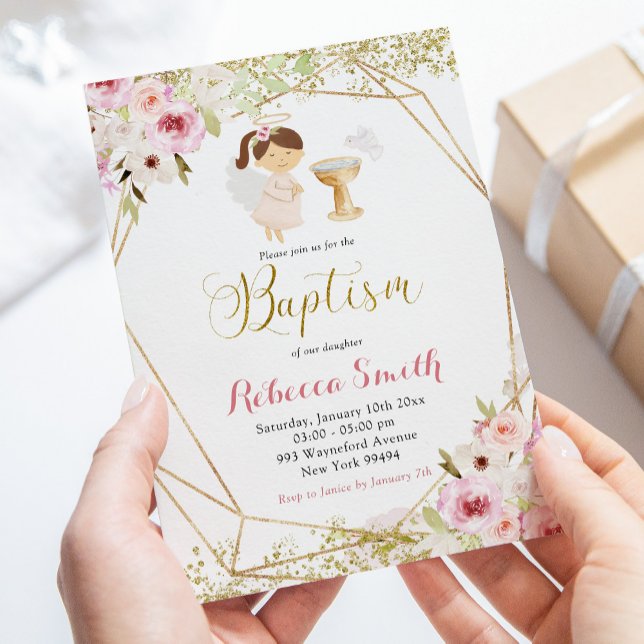 Elegant Pink Gold Floral Girl Baptism Invitation (Creator Uploaded)