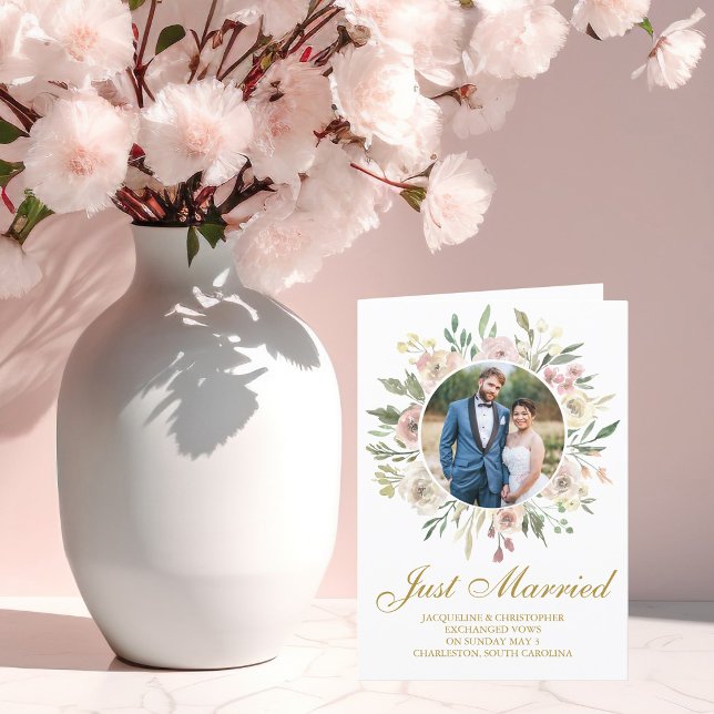 Elegant Pink Gold Floral Newlywed Photo Wedding Announcement (Creator Uploaded)