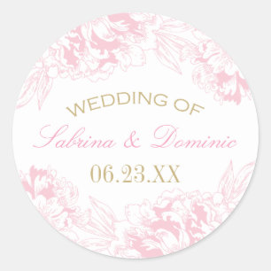 Elegant Pink Gold Floral Peony Wedding Monogram Classic Round Sticker