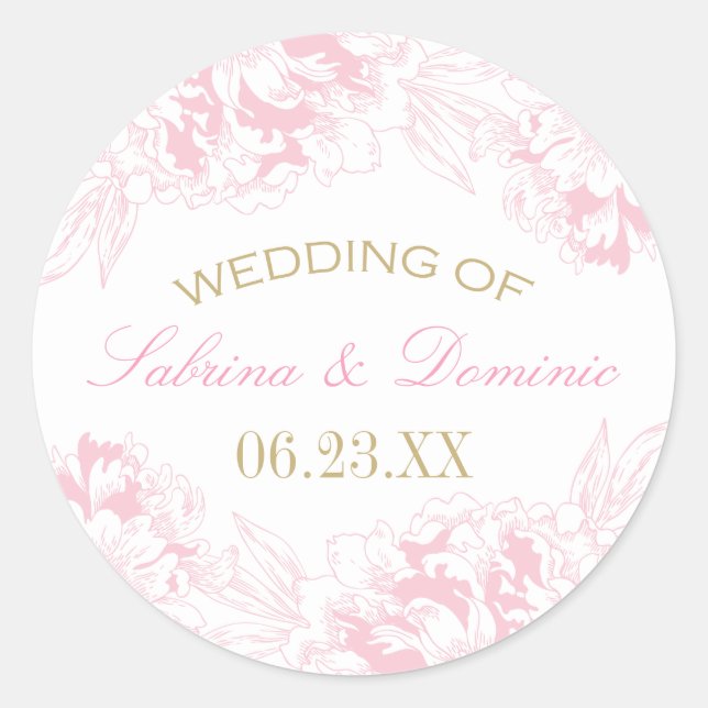 Elegant Pink Gold Floral Peony Wedding Monogram Classic Round Sticker (Front)