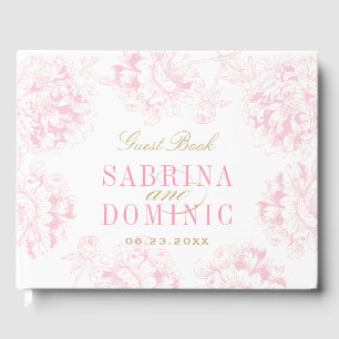 Elegant Pink Gold Floral Peony Wedding Monogram Guest Book