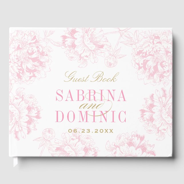 Elegant Pink Gold Floral Peony Wedding Monogram Guest Book (Front)
