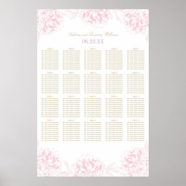 Elegant Pink Gold Floral Peony Wedding Seating Poster (Front)