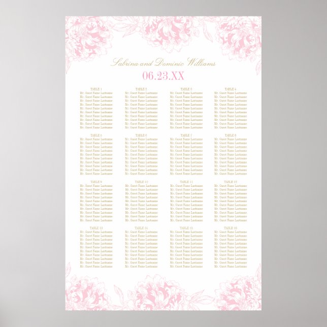 Elegant Pink Gold Floral Peony Wedding Seating Poster (Front)