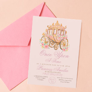 Elegant Pink Gold Floral Princess 1st Birthday Invitation