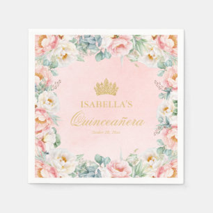 Elegant Pink Gold Floral Quinceañera Party Napkin