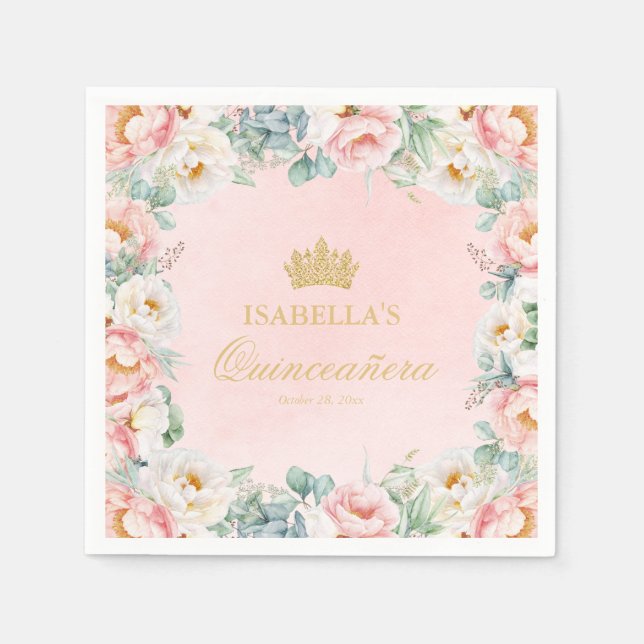 Elegant Pink Gold Floral Quinceañera Party Napkin (Front)