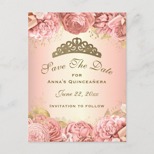 Elegant Pink Gold Floral Quinceanera Save The Date Postcard (Front)
