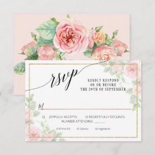 Elegant Pink Gold Floral Script Watercolor Wedding RSVP Card