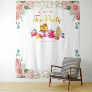 Elegant Pink Gold Floral Tea Party Photo Backdrop Tapestry
