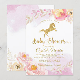 Elegant Pink & Gold Floral Unicorn Baby Shower Invitation
