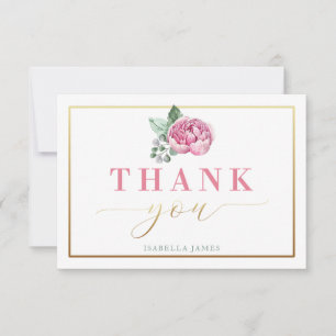 Elegant Pink & Gold Floral Watercolor Thank You Card
