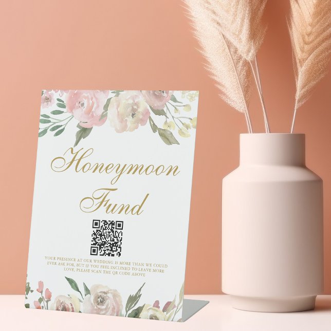 Elegant Pink Gold Floral Wedding Honeymoon Fund Pedestal Sign (Creator Uploaded)