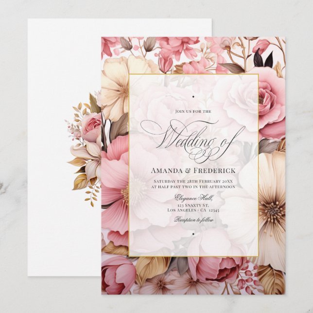 Elegant Pink Gold Floral Wedding Invitation (Front/Back)