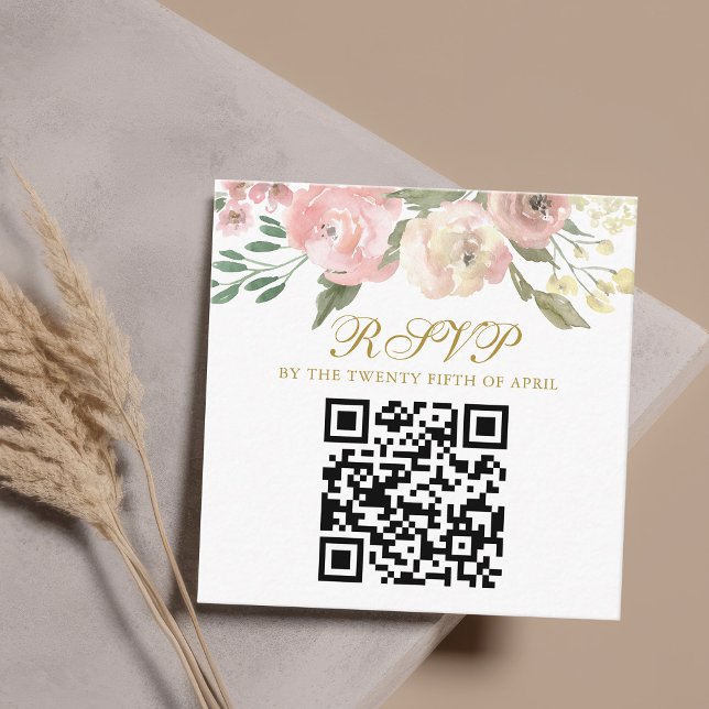 Elegant Pink Gold Floral Wedding QR Code RSVP Enclosure Card (Creator Uploaded)