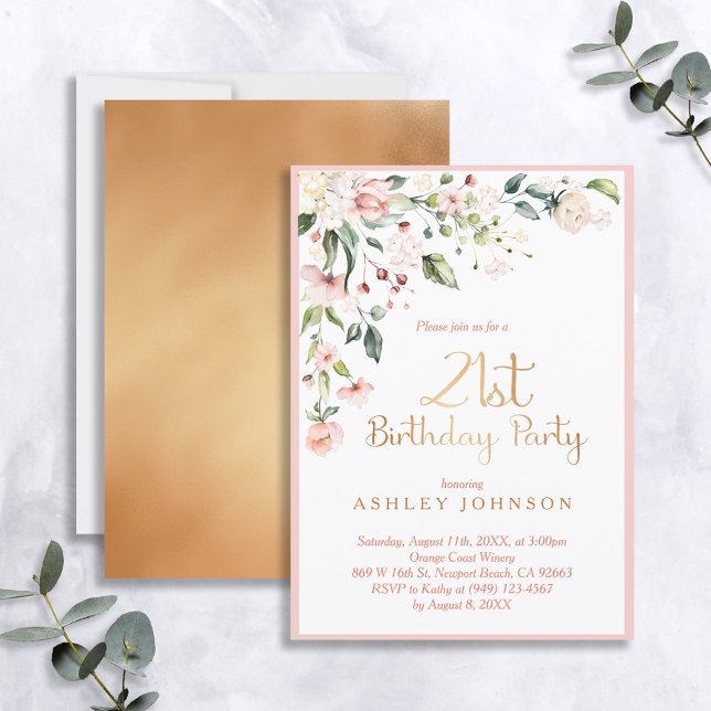 Elegant Pink & Gold Floral Woman's 21st Birthday Invitation (Creator Uploaded)