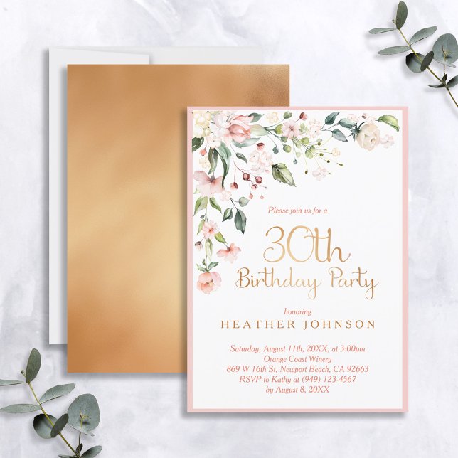 Elegant Pink & Gold Floral Woman's 30th Birthday Invitation (Creator Uploaded)