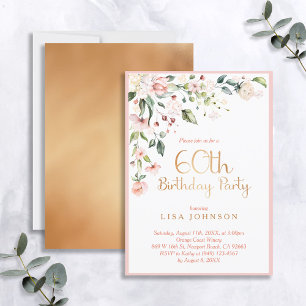 Elegant Pink & Gold Floral Woman's 60th Birthday Invitation