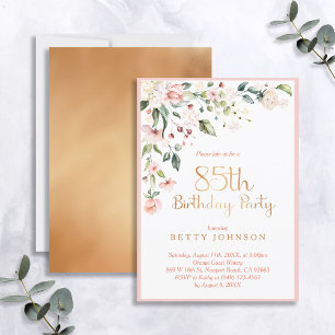 Elegant Pink & Gold Floral Woman's 85th Birthday Invitation