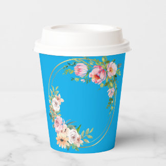 Elegant Pink & Gold Flower Wreath Paper cup Blue