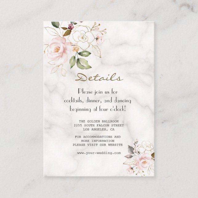 Elegant Pink Gold Flowers Marble Wedding Details Enclosure Card (Front)