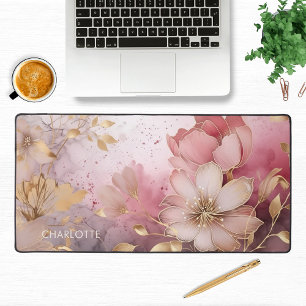 Elegant Pink Gold Flowers Modern Personalised Name Desk Mat