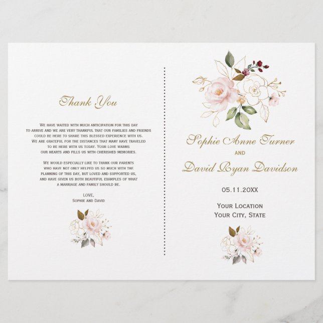 Elegant Pink Gold Flowers Wedding Program (Front)