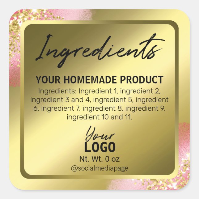 Elegant Pink Gold Foil Glitter Ingredient Labels (Front)
