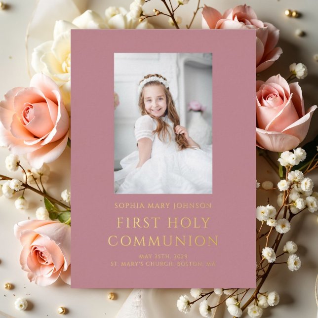 Elegant Pink Gold Foil Photo Girl First Communion (Elegant Pink Photo Girl First Communion Gold Foil Invitation)