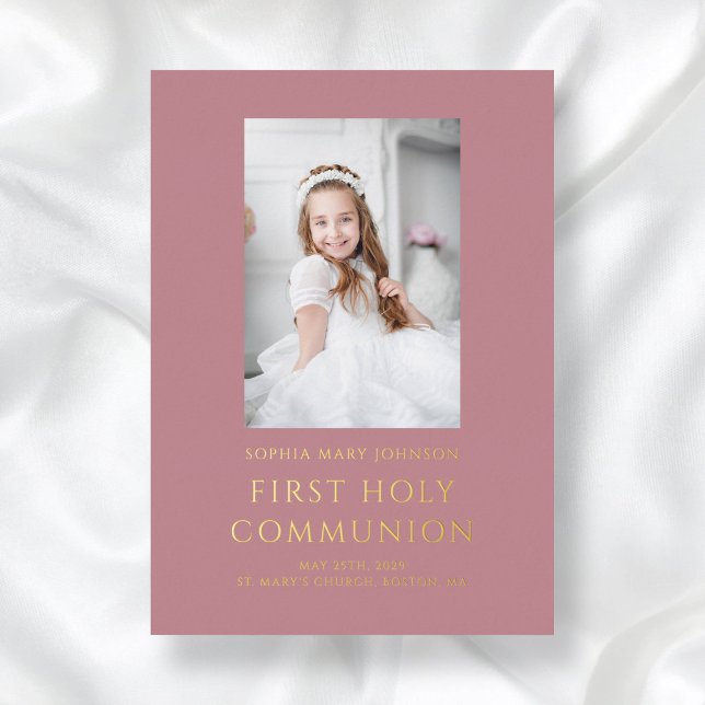 Elegant Pink Gold Foil Photo Girl First Communion (Elegant Pink Photo Girl First Communion Gold Foil Invitation)