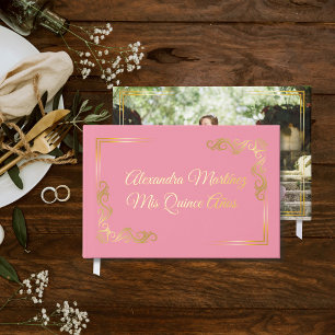 Elegant Pink Gold Frame Quinceañera Guest Book