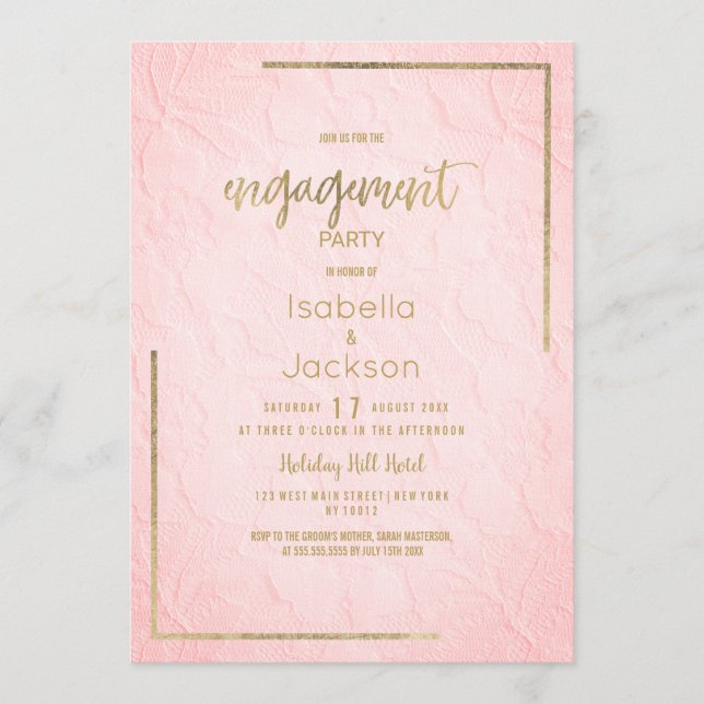 Elegant pink gold french floral lace Engagement  Invitation (Front)