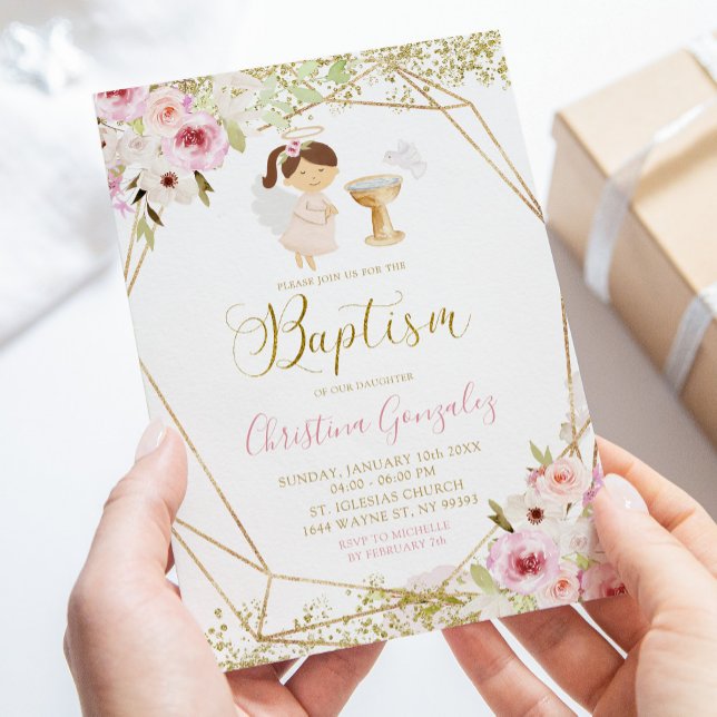 Elegant Pink Gold Geometric Floral Girl Baptism Invitation (Creator Uploaded)