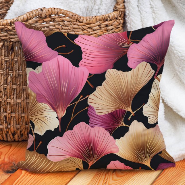 Elegant Pink Gold Ginko Leaves Black Cushion (Elegant pink and gold ginko on black decorator pillow)