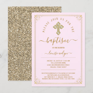 Elegant Pink Gold Girl Baptism Invitation