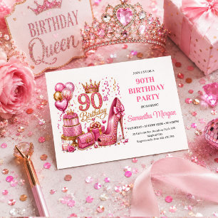 Elegant Pink Gold Glitter 90th Birthday Invitation