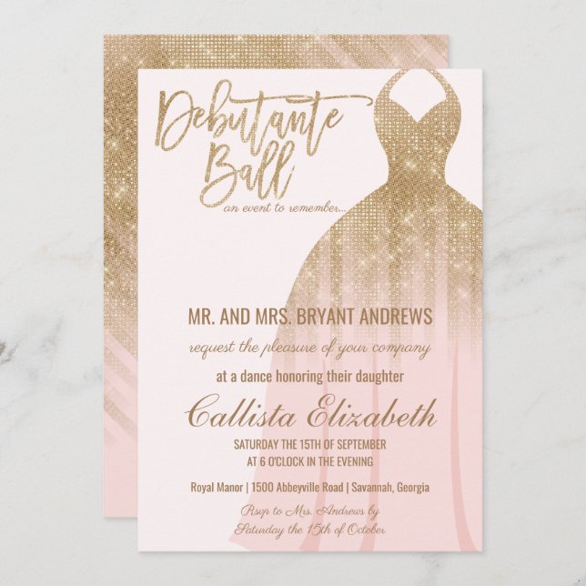 Elegant Pink Gold Glitter Dress Debutante Dance Invitation (Front/Back)