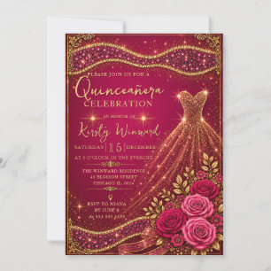Elegant Pink Gold Glitter Dress Quinceanera Invitation