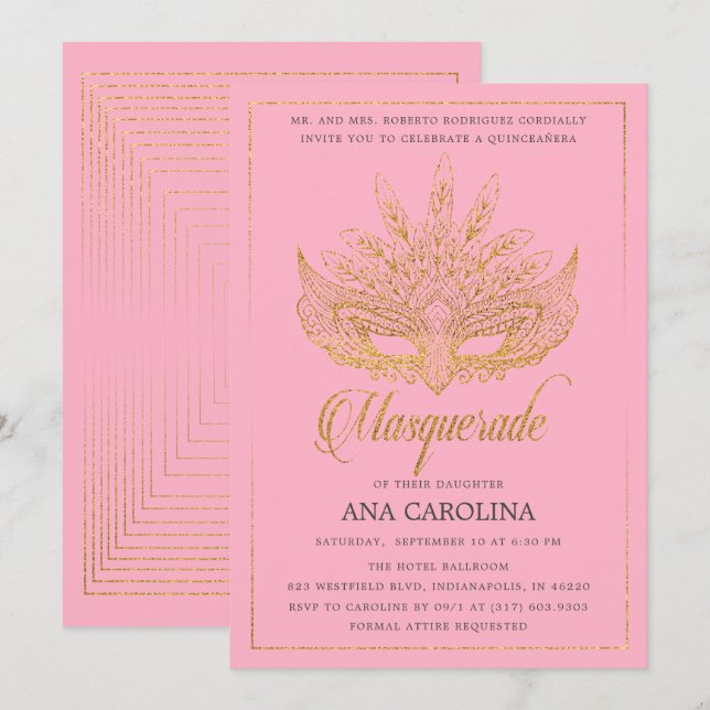 Elegant Pink Gold Glitter Masquerade Quinceañera Invitation (Front/Back)