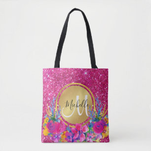 Elegant Pink Gold Glitter Metal Frame Floral Tote Bag