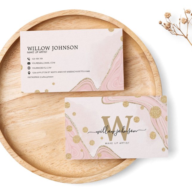 Elegant Pink Gold Glitter Monogram Agate Marble Business Card (Creator Uploaded)