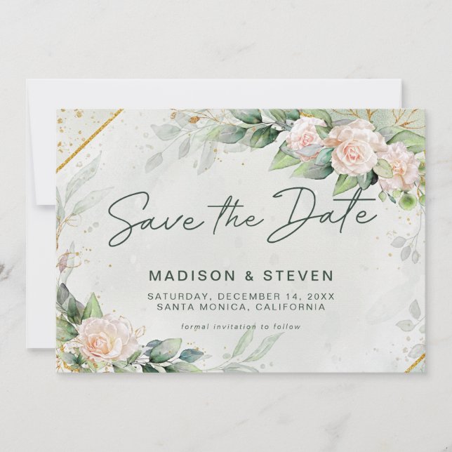 Elegant Pink Gold Glitter Roses Eucalyptus Wedding Save The Date (Front)