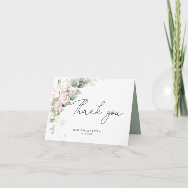 Elegant Pink Gold Glitter Roses Eucalyptus Wedding Thank You Card (Front)