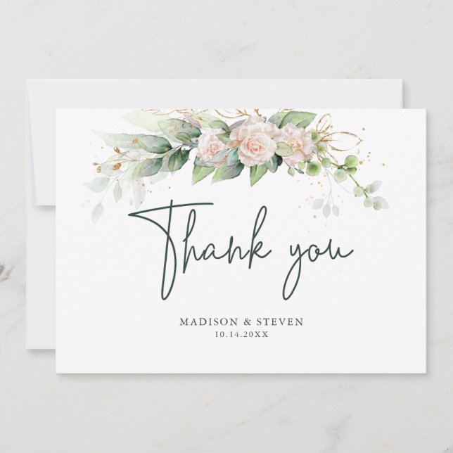 Elegant Pink Gold Glitter Roses Eucalyptus Wedding Thank You Card (Front)