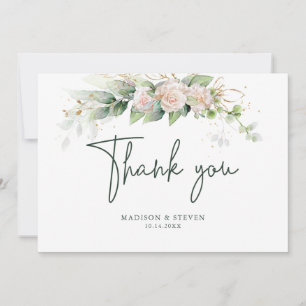 Elegant Pink Gold Glitter Roses Eucalyptus Wedding Thank You Card